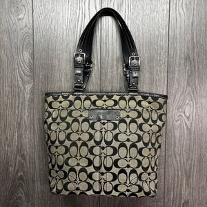 Coach Signature Jacquard Tote Bag F13077 Black Gray Monogram Leather Trim